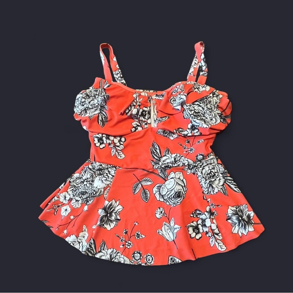 Retro Floral Tankini Swim Top with adjustable straps, Red, Orange